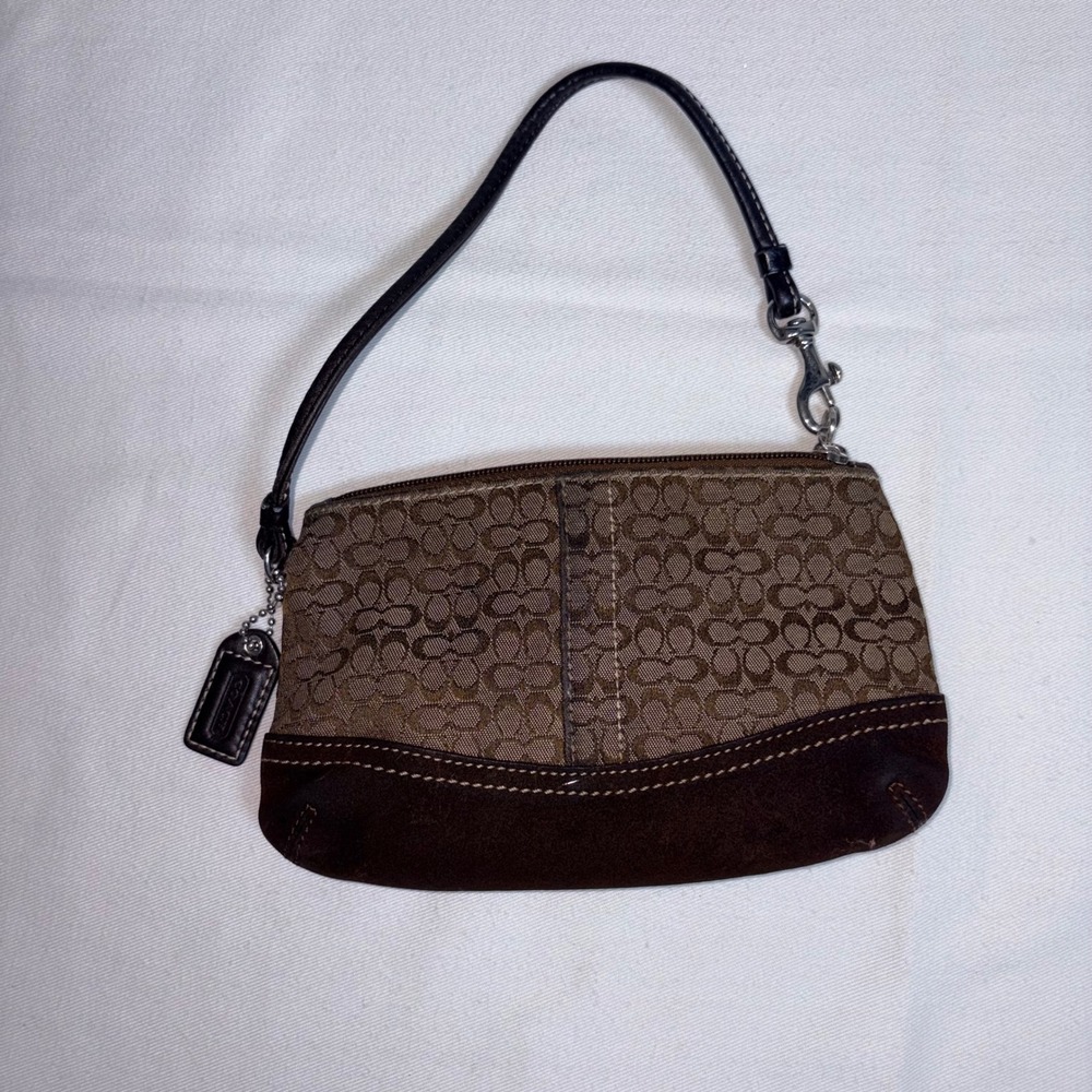 Coach Wristlet Brown Fair Monogram Canvas Suede Trim Y2K Bag bag tag